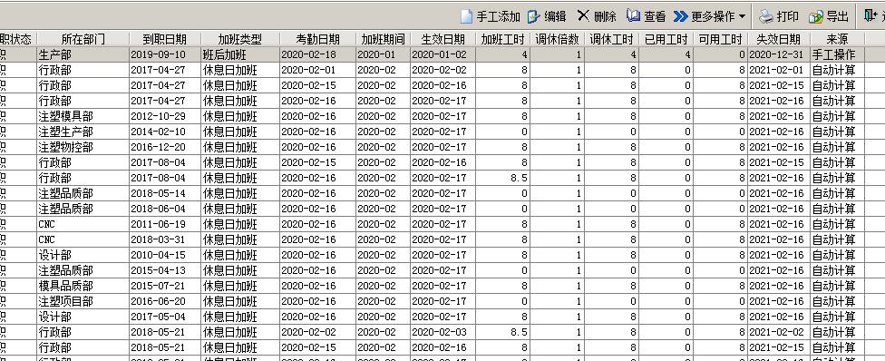 考勤加班转调休明细记录